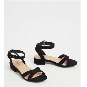 Black faux suede ankle strap low block heel